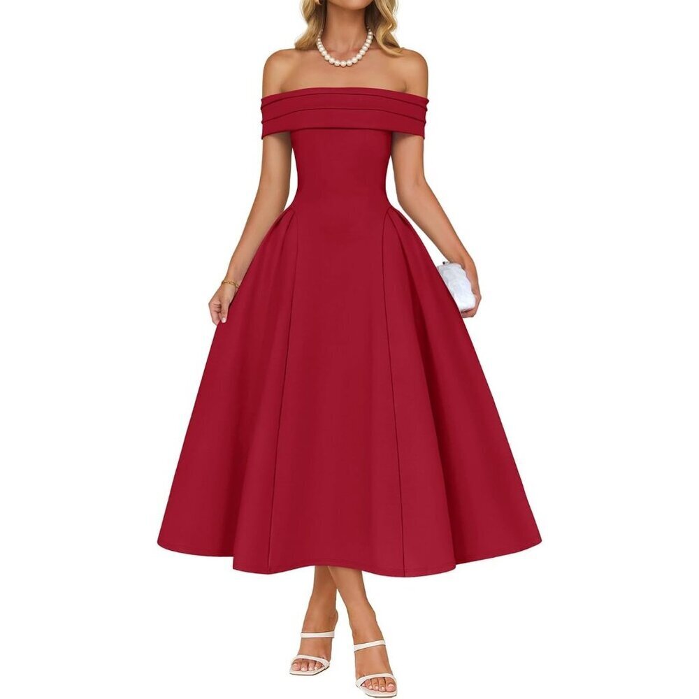 Women's Red Elegant Off Shoulder Short Sleeve Swing A Line Midi Dress